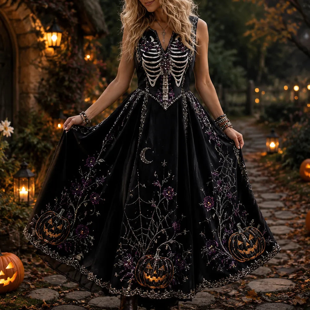 Women's Gothic Halloween Skeleton & Jack-o'-lantern Print Velvet Maxi Dress