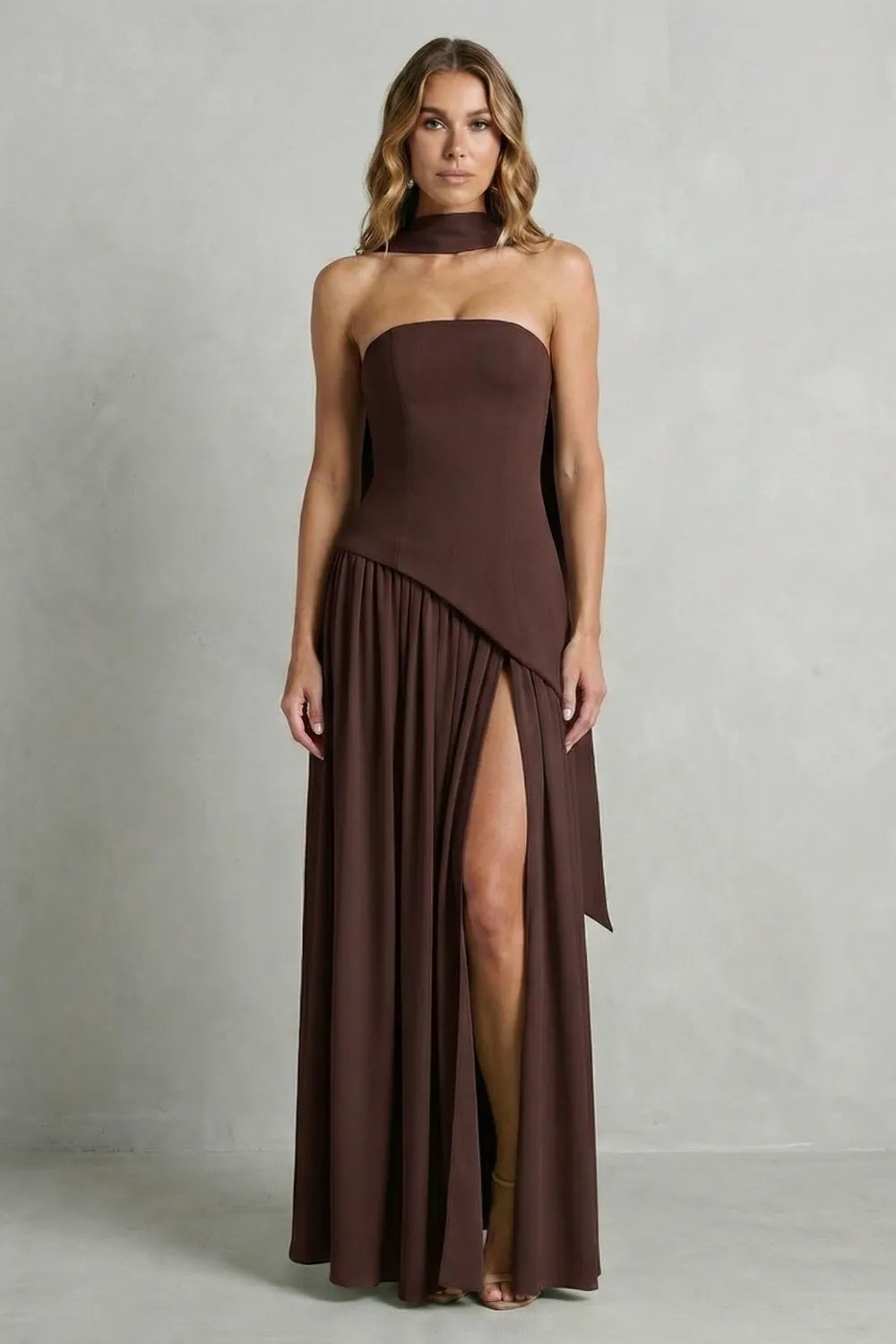 Asymmetric drape accent – Strapless formal gown