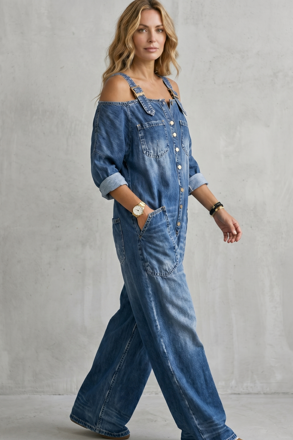 Off-shoulder utility charm – Wide-leg overalls