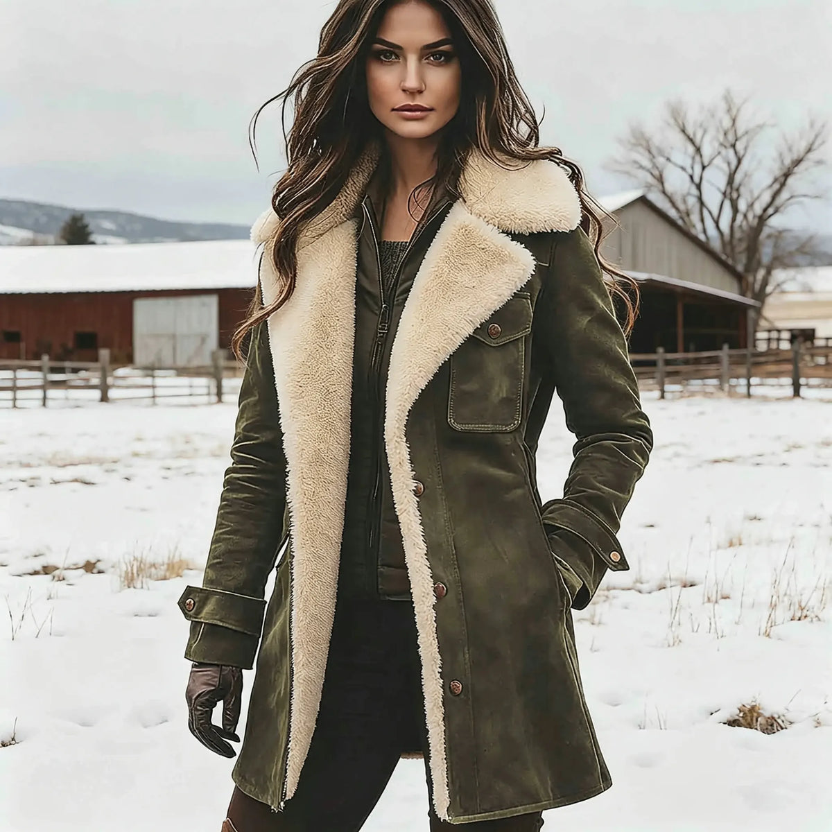 Women's Vintage Brown Suede Fleece Lapel Collar Mid-Length Shearling Coat Jacket