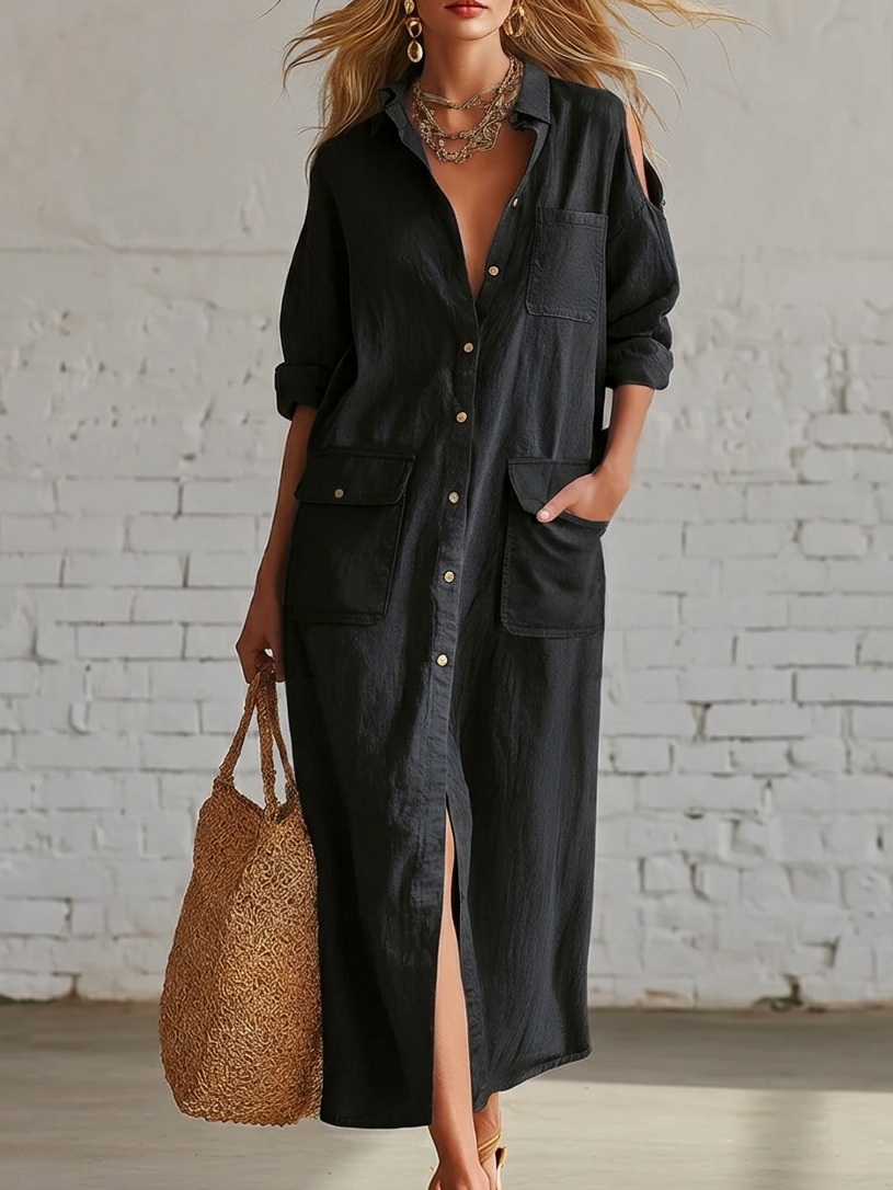 Casual Artistic Hollow-out Shoulder Linen Cotton Dress
