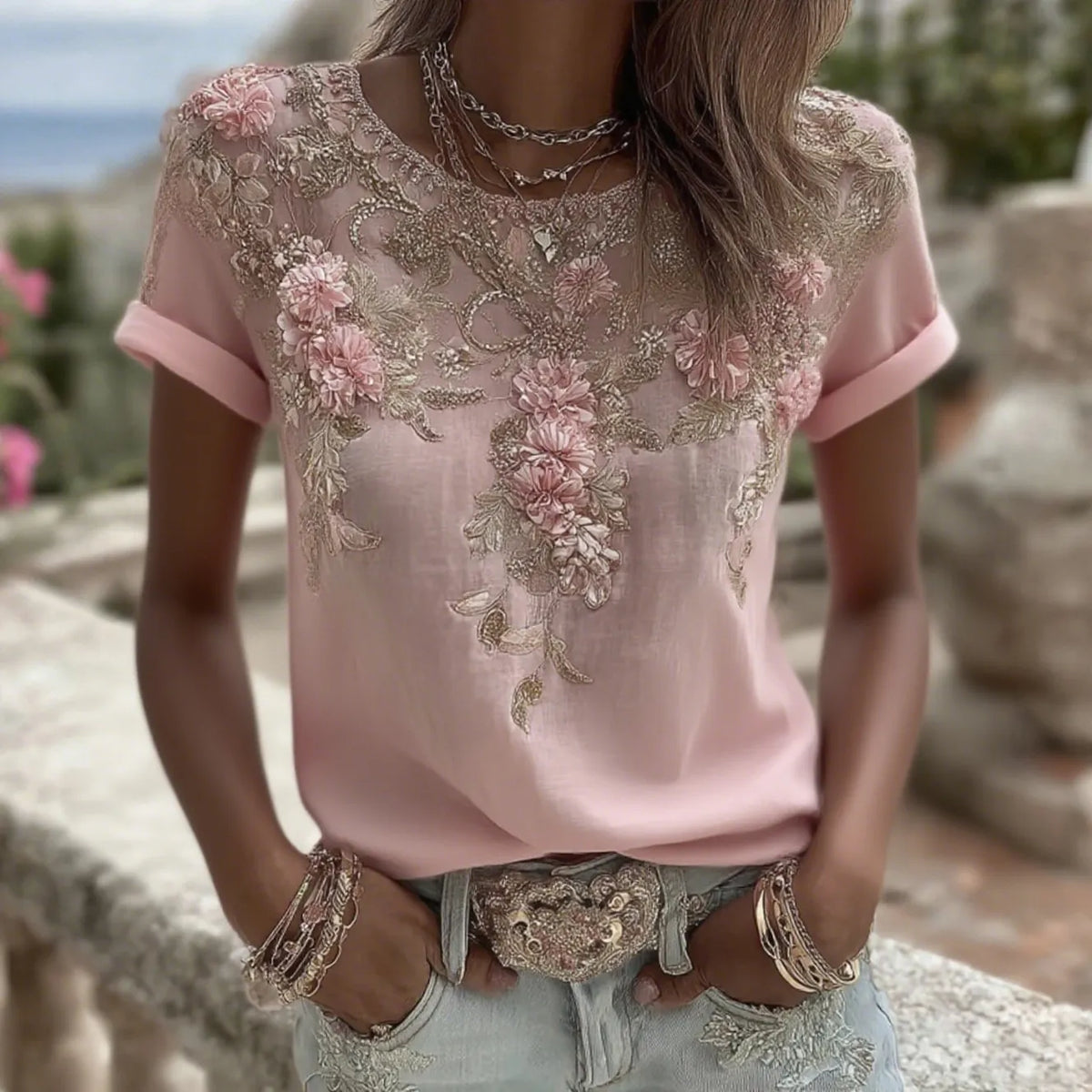 Women's Vintage Pink Rose Embroidery Art Round Neck Short Sleeve Linen Blend T-shirt