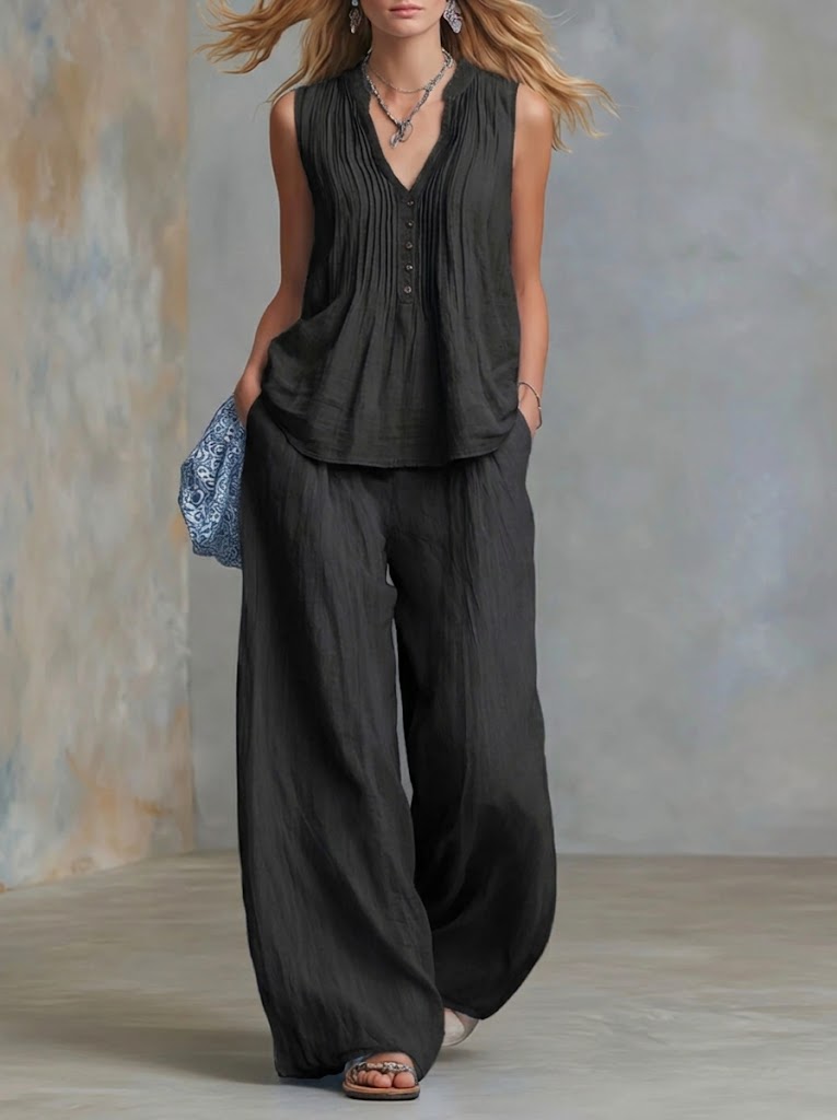 Casual Linen And Cotton Pleated Sleeveless Top And Pants Two-piece Set