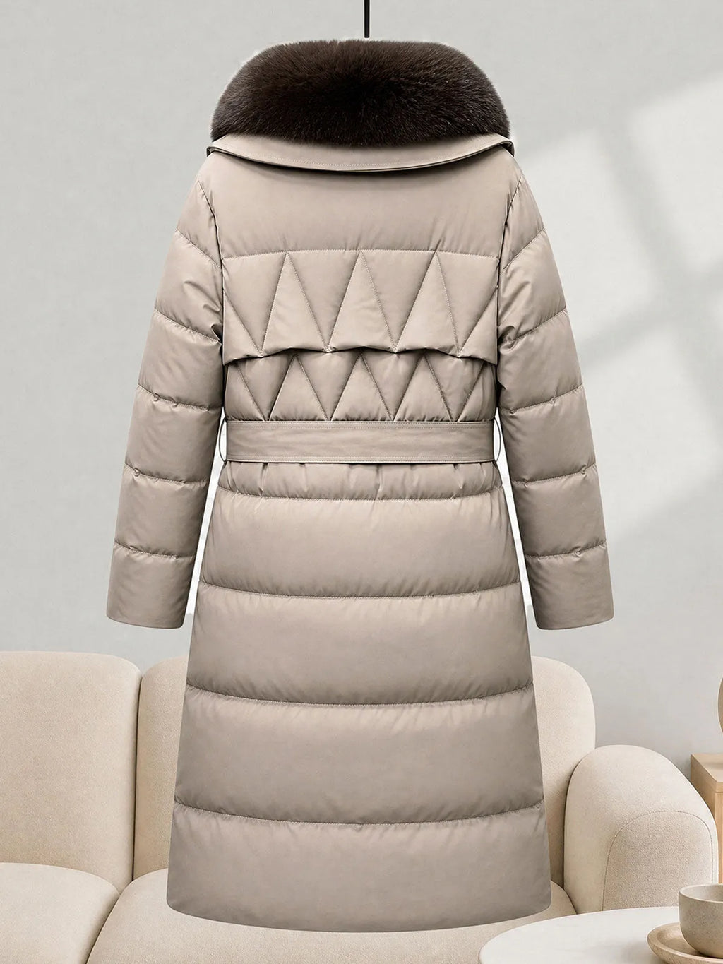 Detachable Faux Fur Hood Belted Long Puffer Coat, Women Winter Warm Quilted Outerwear
