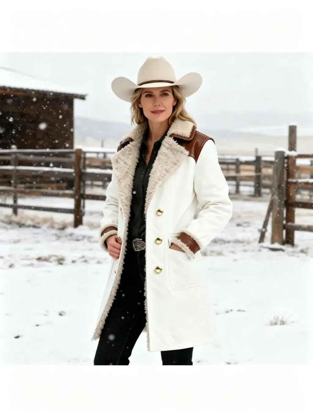 Women's Vintage White Leather Contrast Fleece Faux Fur Lining Coat