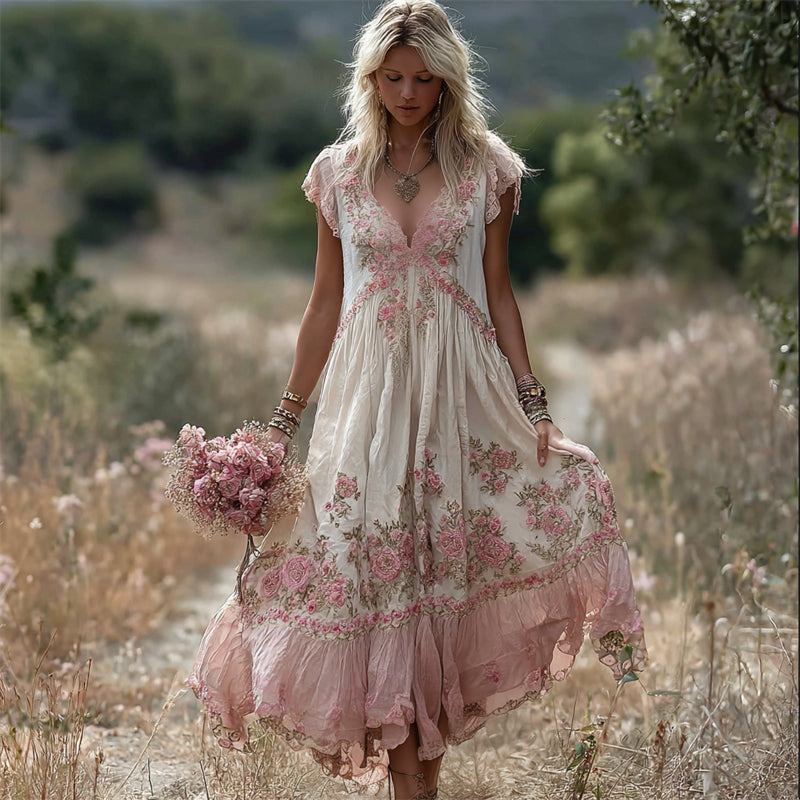Boho Pink Floral Embroidered Lace Trim Flowy Linen Maxi Dress