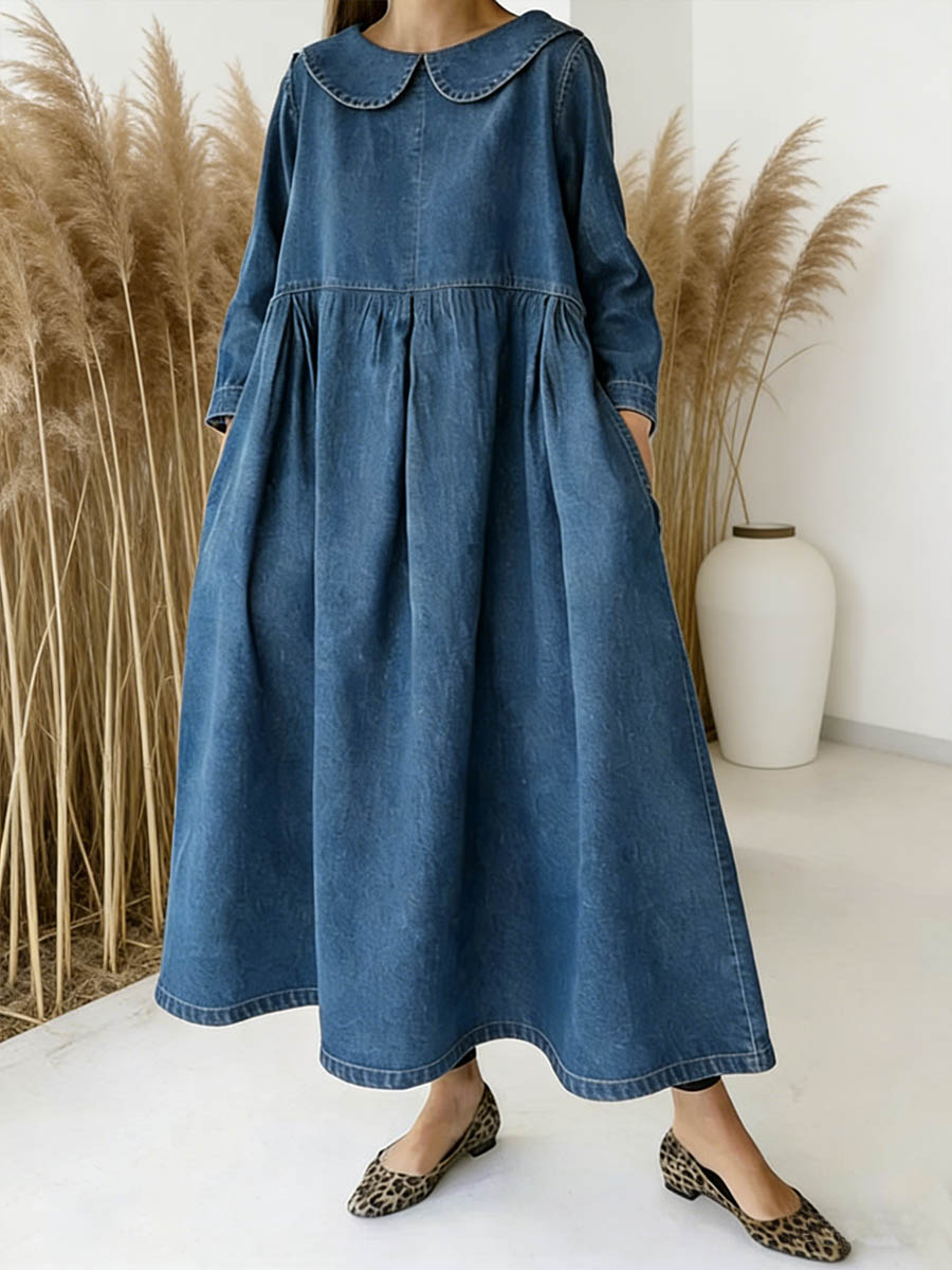 Women's Peter Pan Collar Long-sleeved Loose-fitting Casual Denim Dress