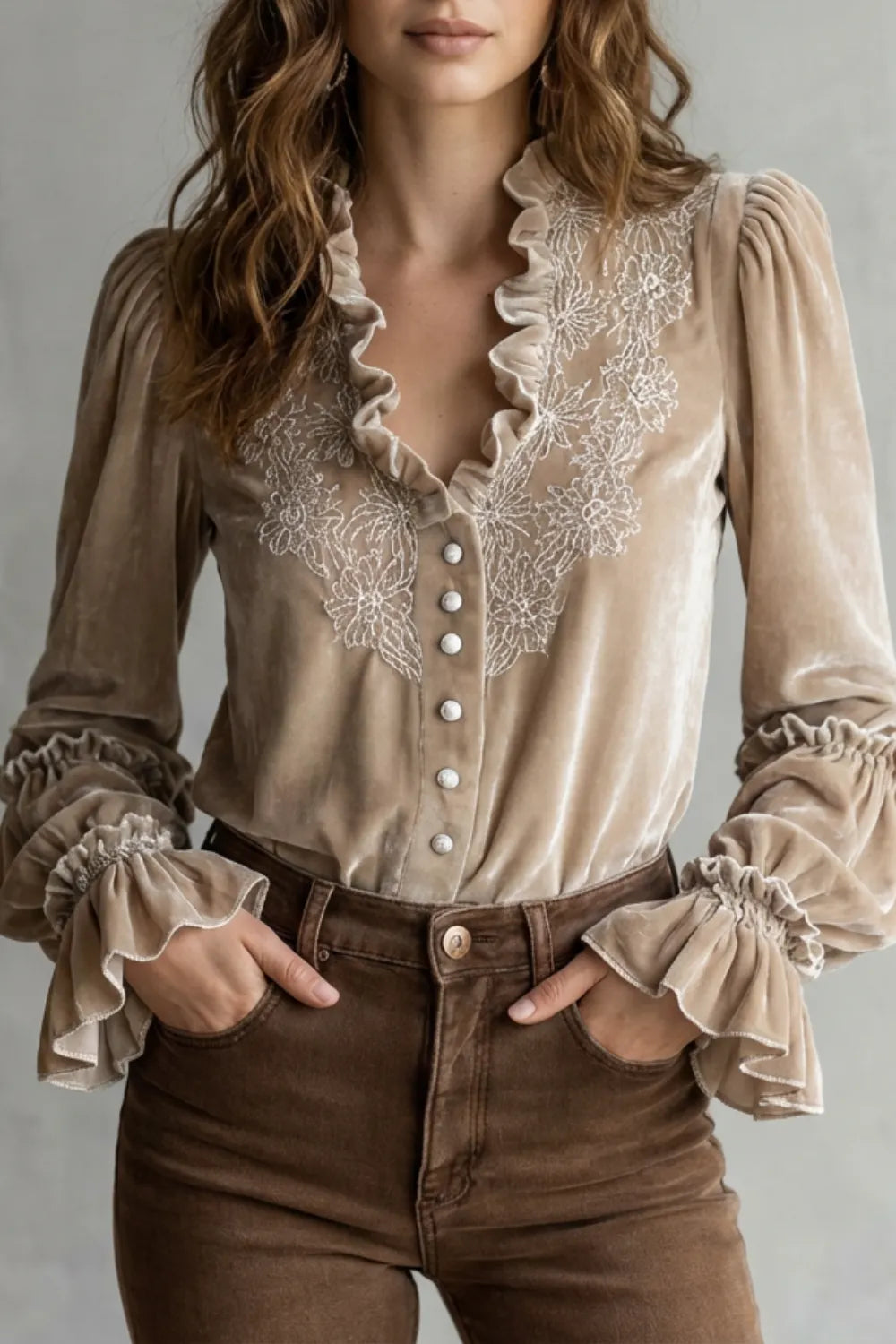 Lace-Trimmed Embroidered Velvet Blouse – Romantic Floral Statement Top