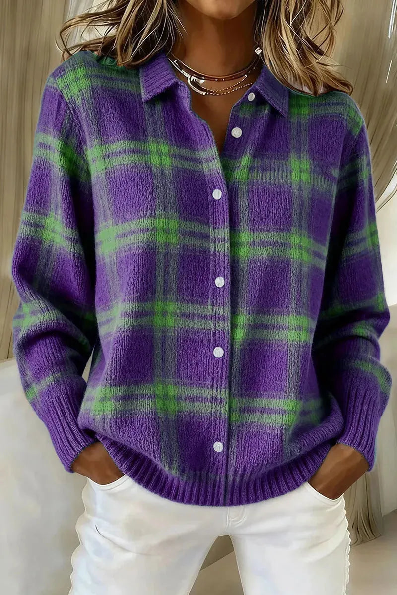 Women Loose Long Sleeve Plaid Collared Button‐front Knit Cardigan Sweater