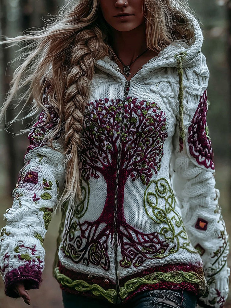 Women's Vintage Viking Celtic Knot Tree Of Life Art Knit Zip-up Hooded Sweater