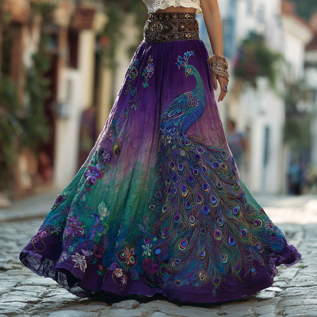 Women's Retro Floral With Peacock Art Linen Blend Casual Maxi Skirt