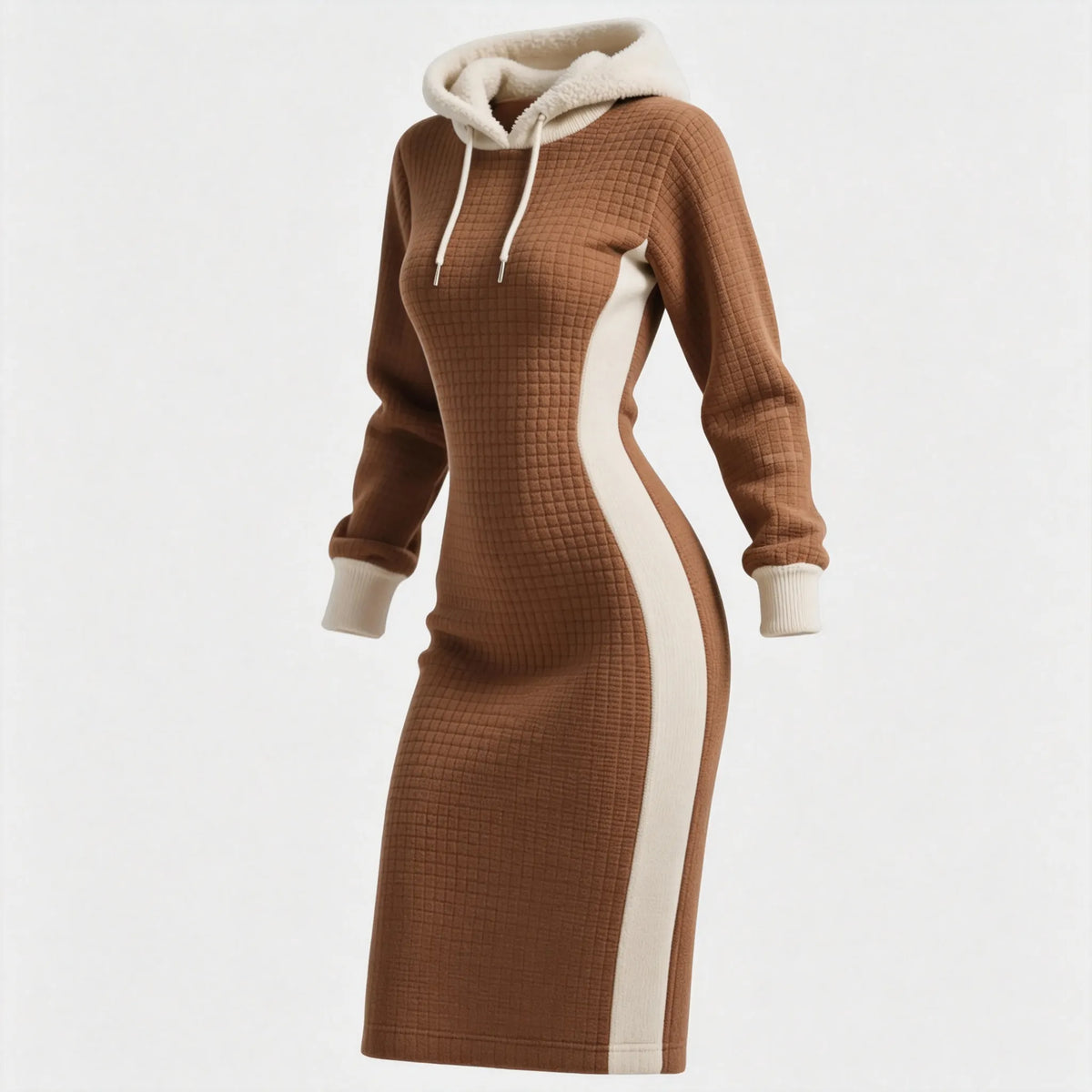 Women's Color-Blocked Waffle Textured Hooded Long Sweatshirt Dress