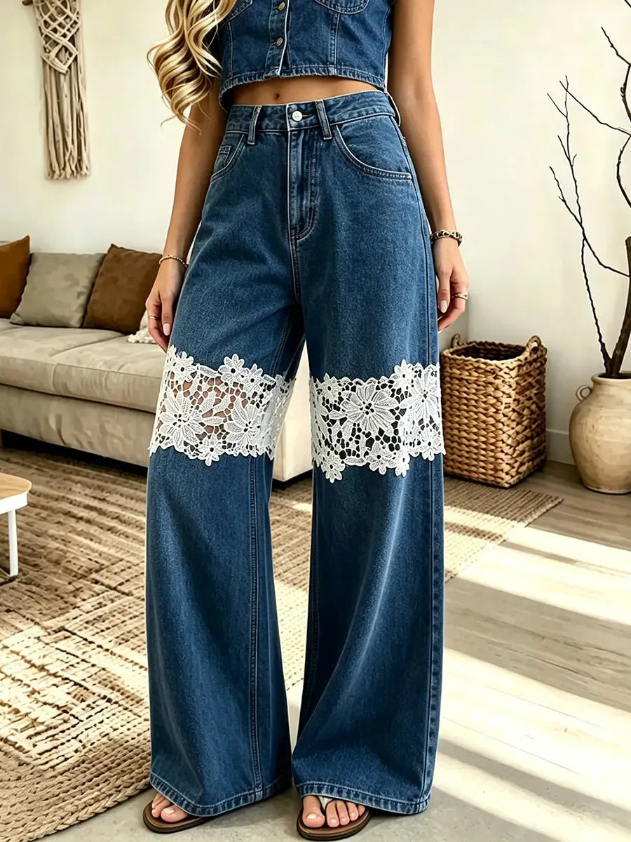 Women’s Lace Patch High-waist Wide-leg Jeans