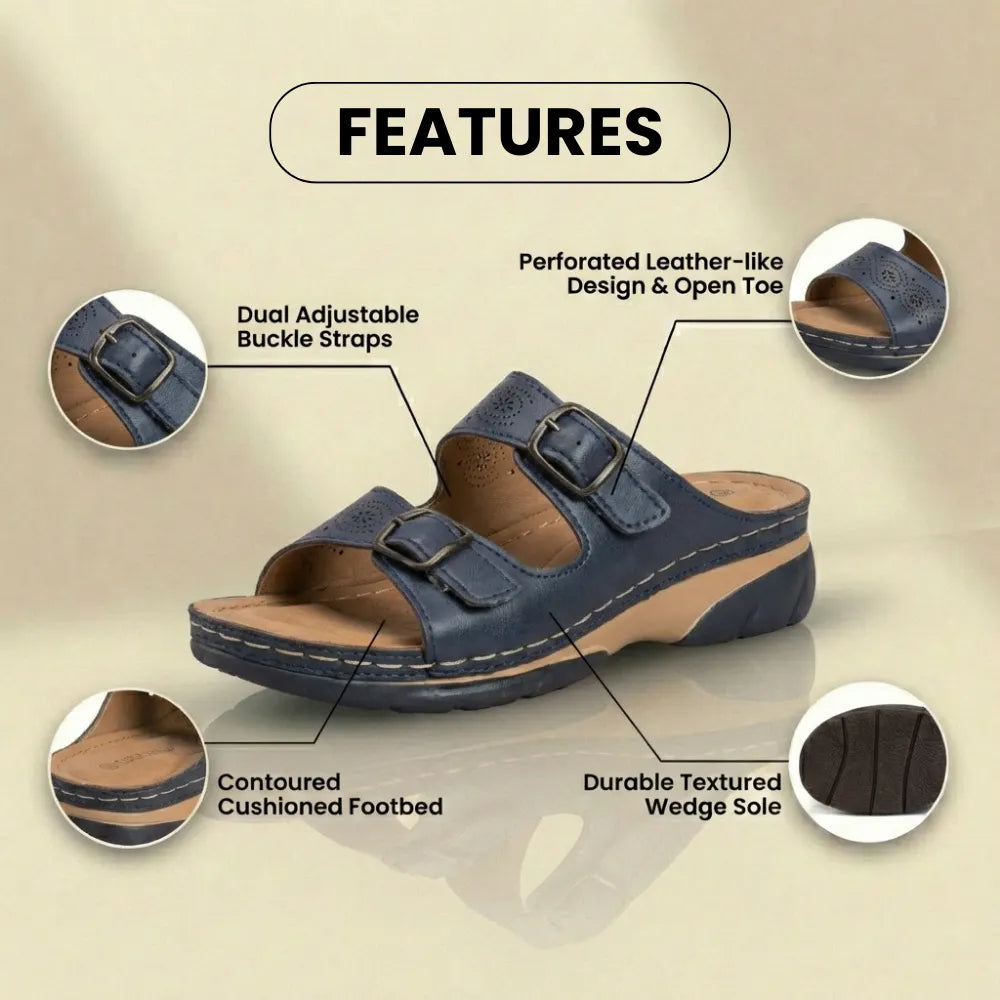 Orthopedic Genuine Leather Platform Slides — Double-Buckle Cutout Design