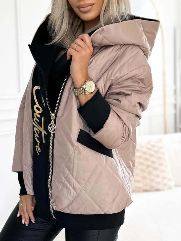 🔥Limited-time deal!😍Women's Hooded Zipper Stitching Contrast Color Letter Print Casual Cotton Coat