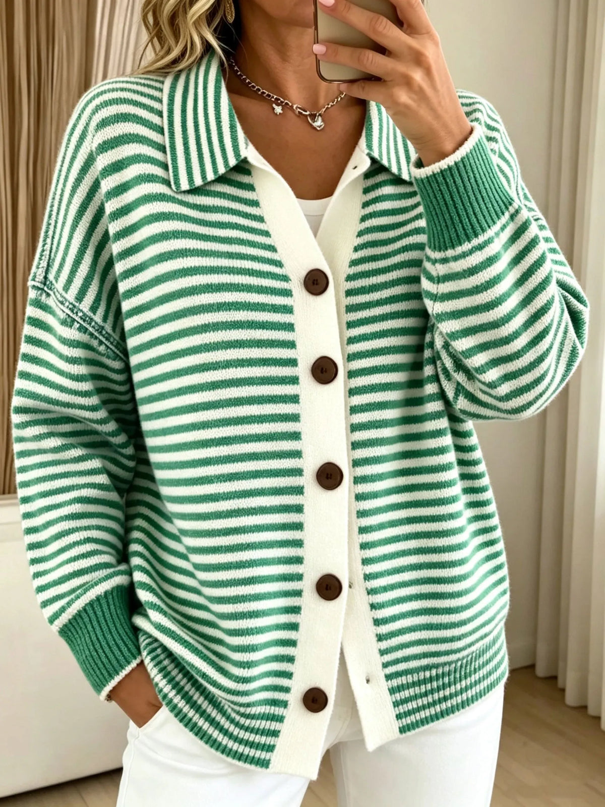 Collared Stripe Button‐Down Knit Cardigan, Women Loose Long Sleeve Pocket Sweater Jacket