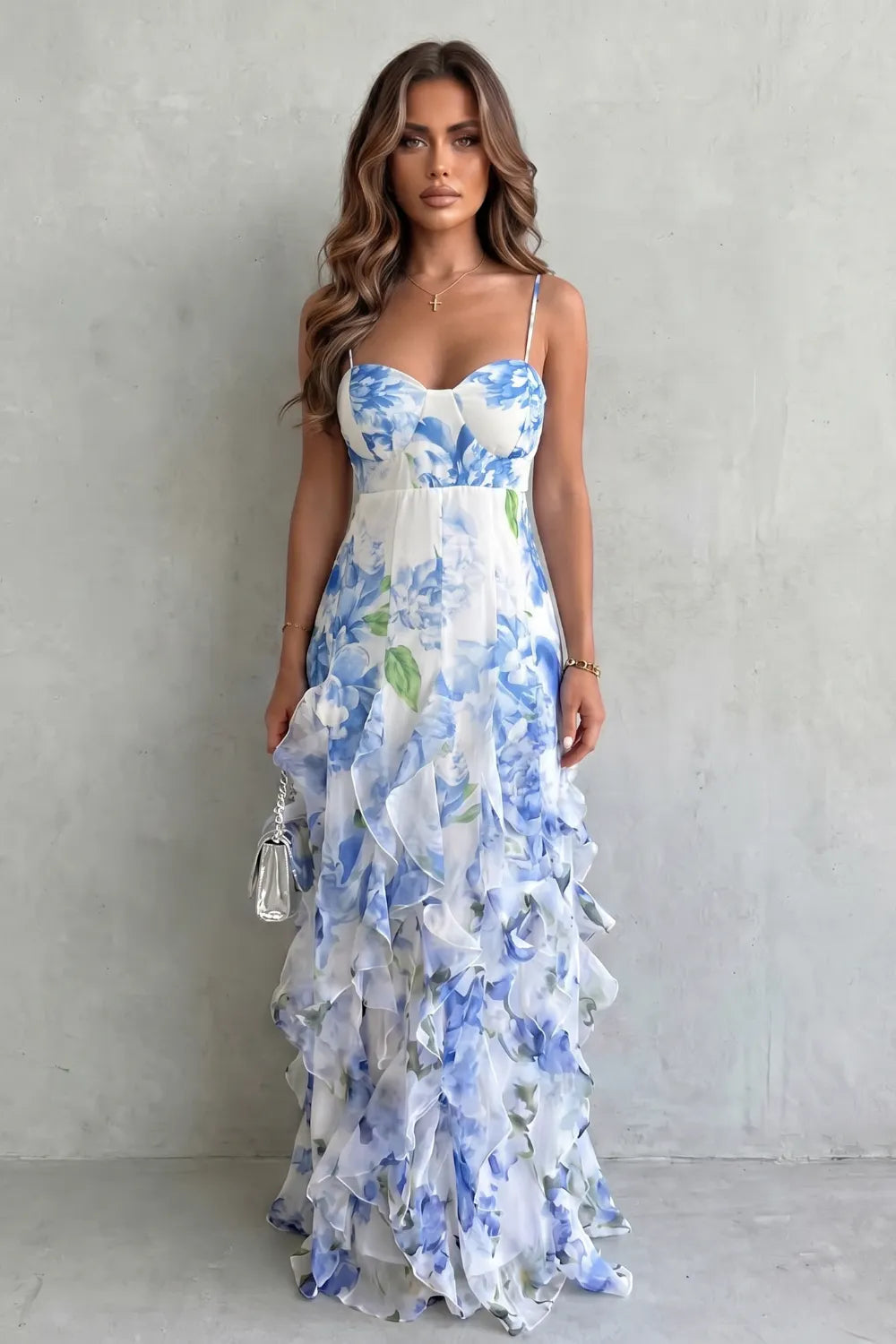 Sheer floral cascade – Ruffled evening maxi dress