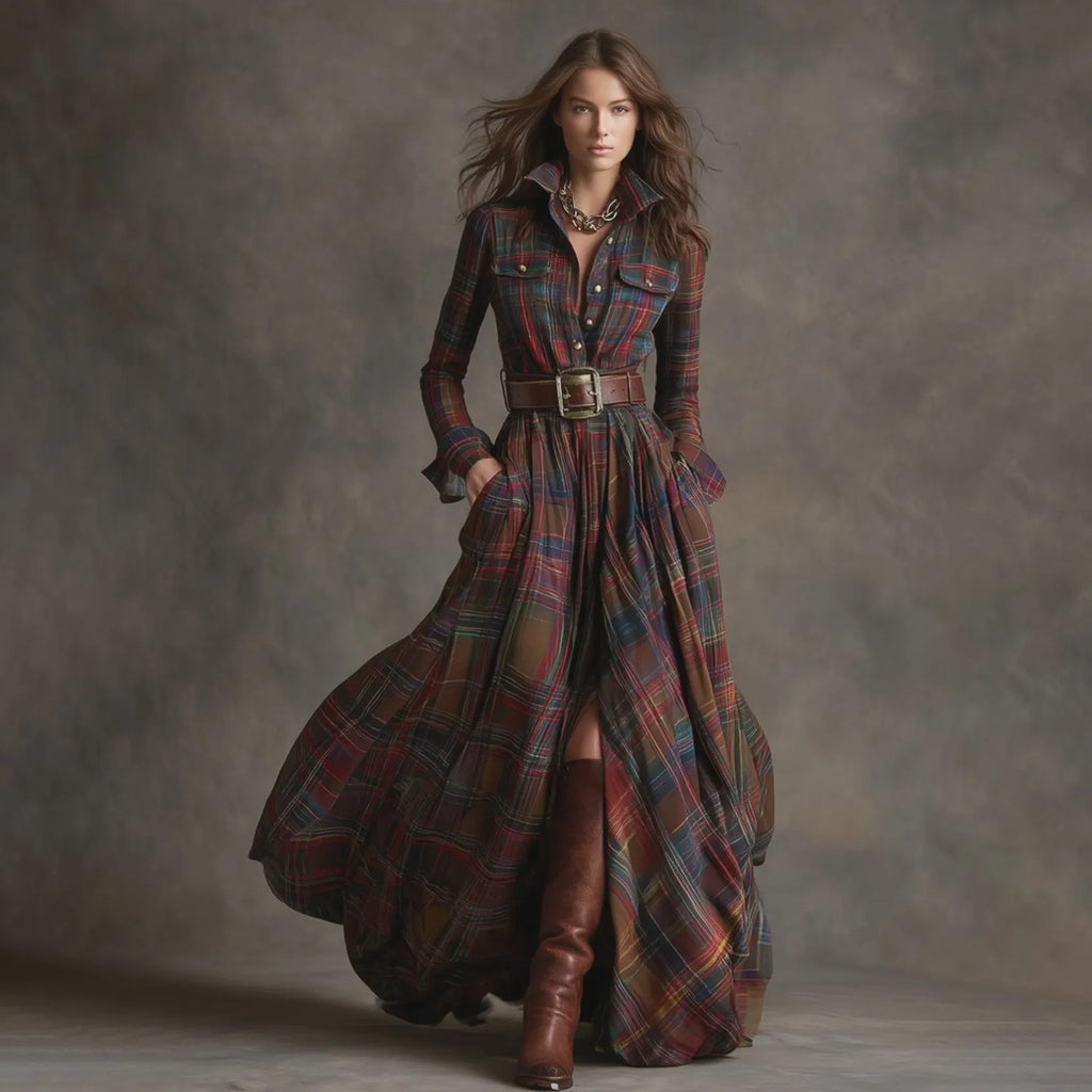 Retro Ethnic Style Lapel Reddish Brown Plaid Maxi Dress