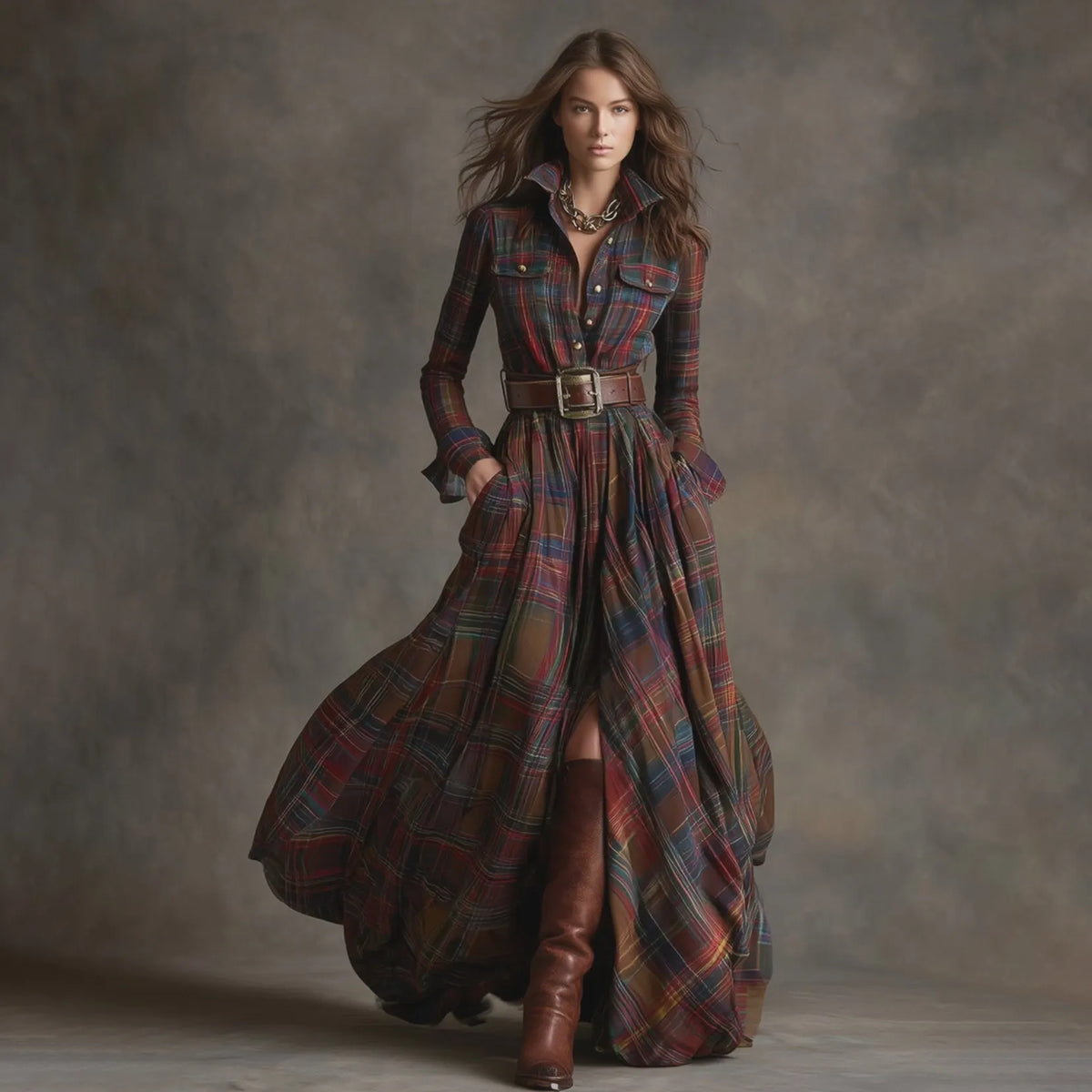 Retro Ethnic Style Lapel Reddish Brown Plaid Maxi Dress