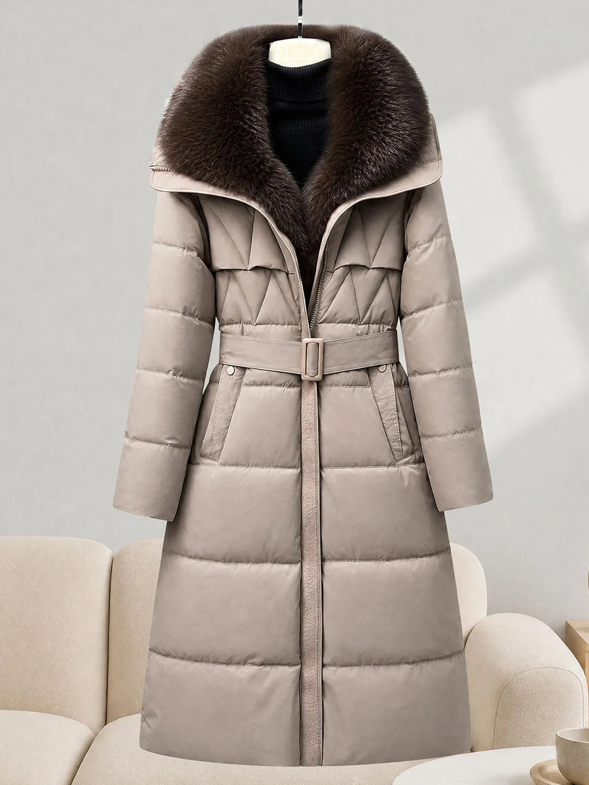 Detachable Faux Fur Hood Belted Long Puffer Coat, Women Winter Warm Quilted Outerwear