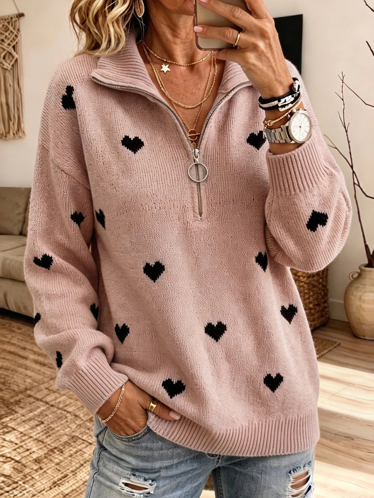 Women Heart Jacquard Half‐Zip Collar Sweater Long Sleeve Loose Knit Jumper