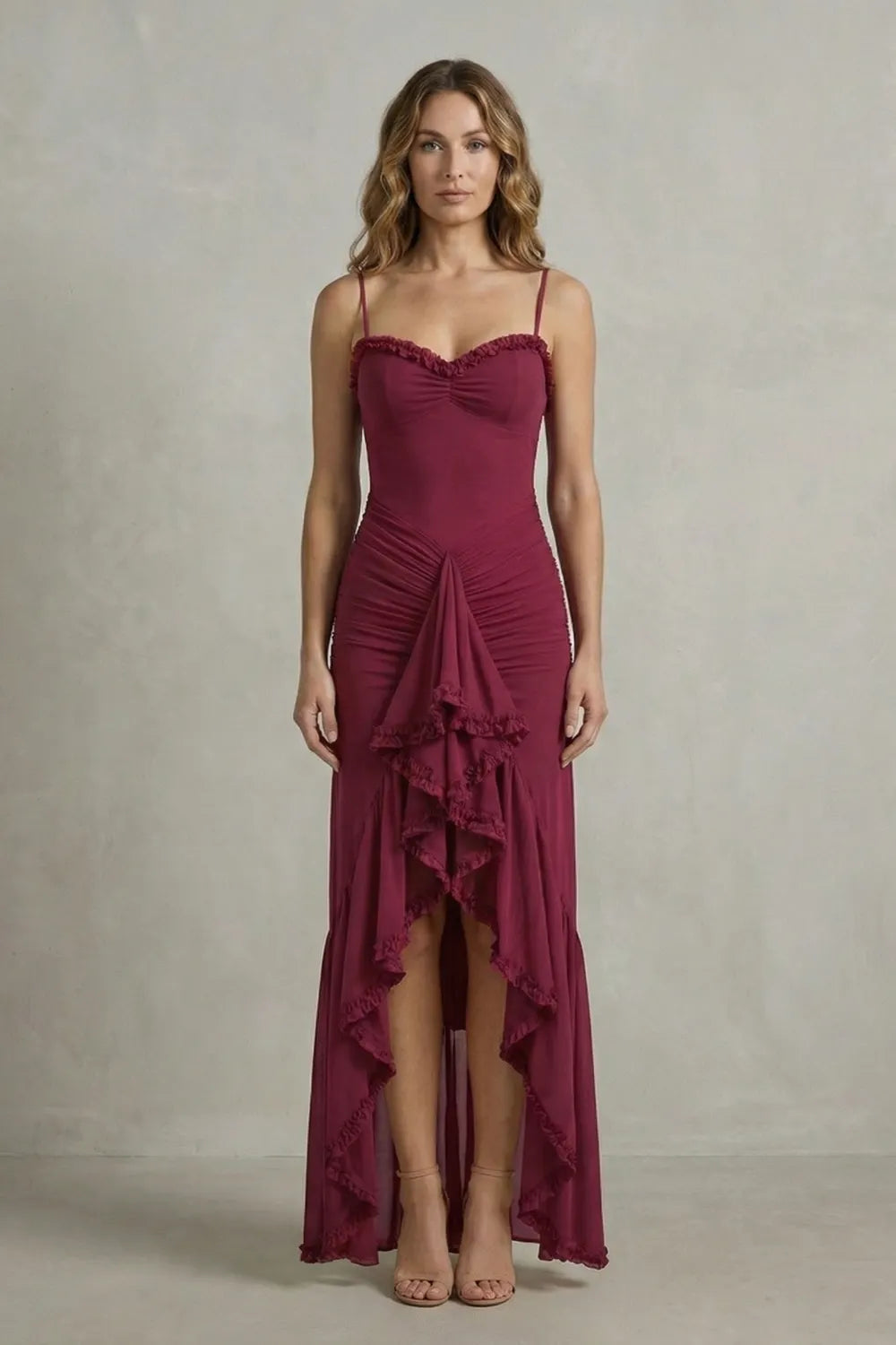 Feminine ruffle allure – Sleeveless high low maxi dress