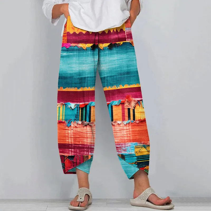 Boho Multicolor Patchwork Art Linen Blend Pants