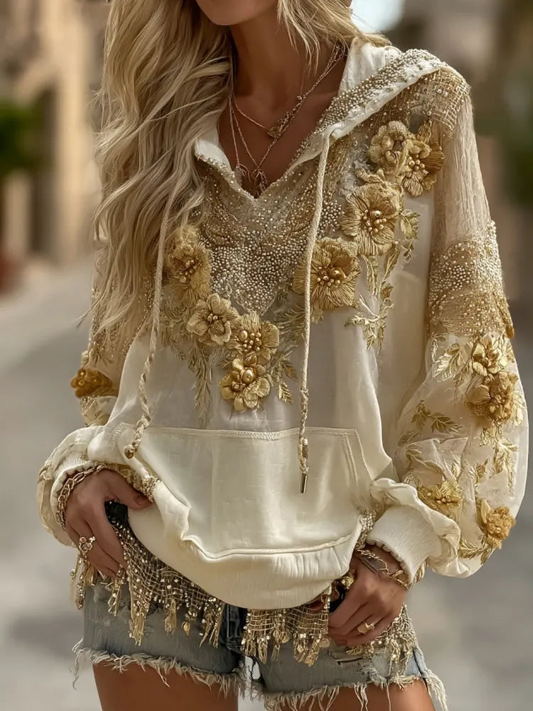 Women's Vintage Yellow Rose Embroidery Art Casual Hooded
