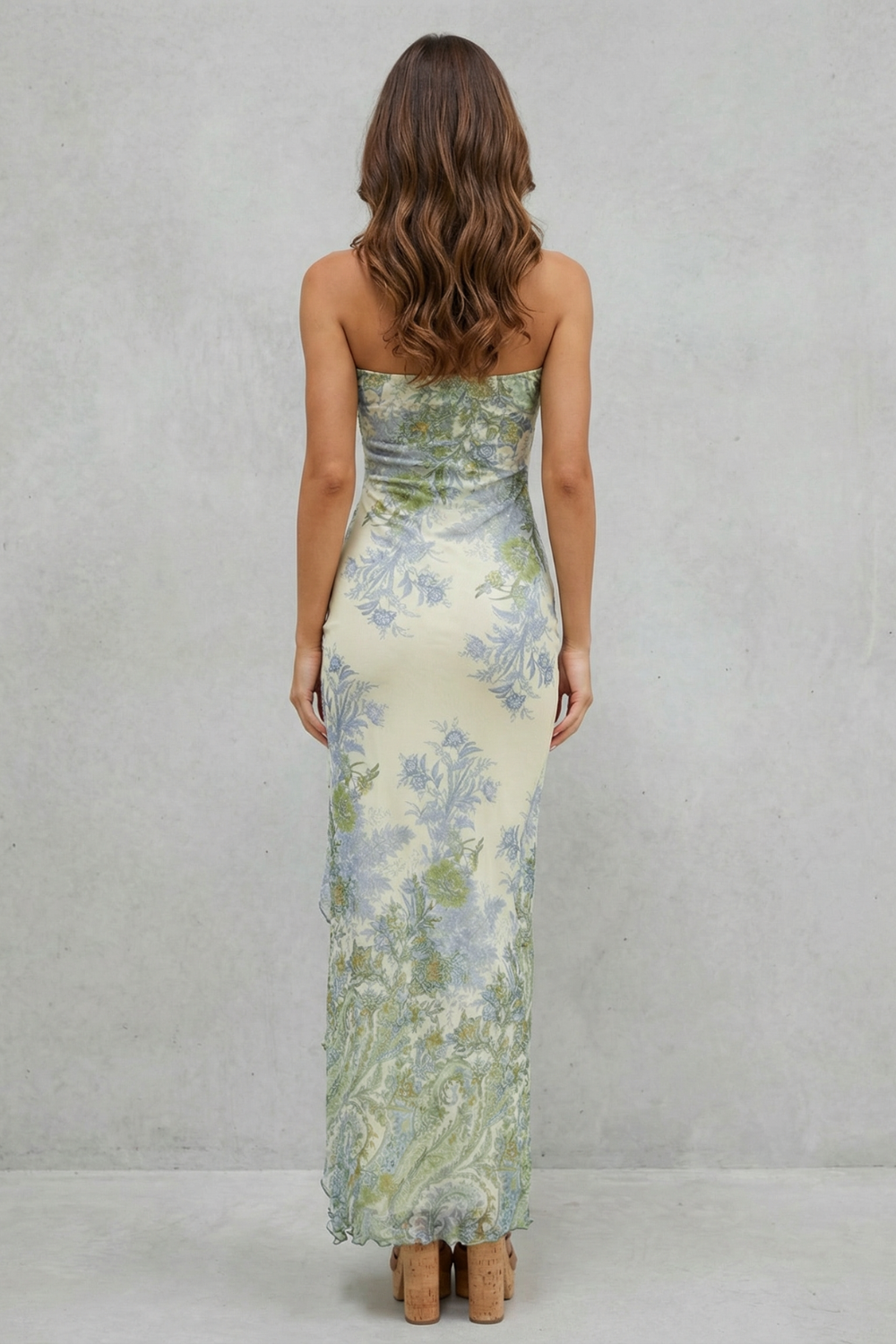 Botanical lace allure – Strapless slit maxi dress