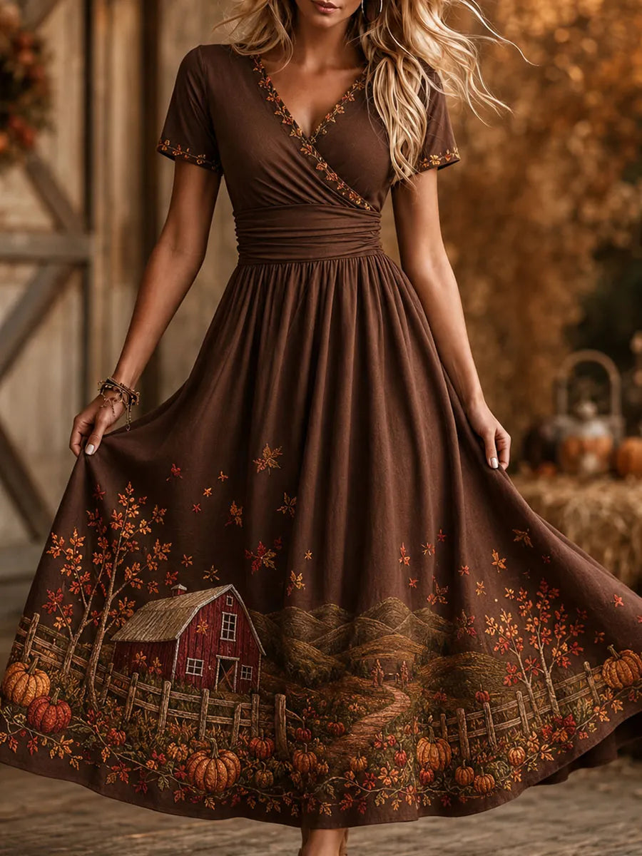 Autumn Pumpkin Farm Brown V-Neck Short-Sleeve Dress