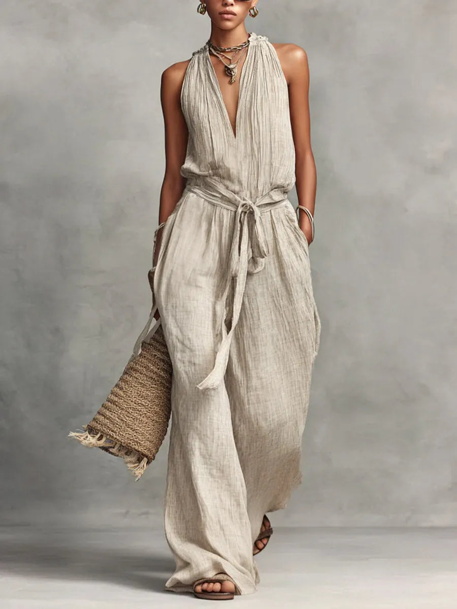 Women's Solid Color V-neck Sleeveless Casual Loose Wide-leg Jumpsuit
