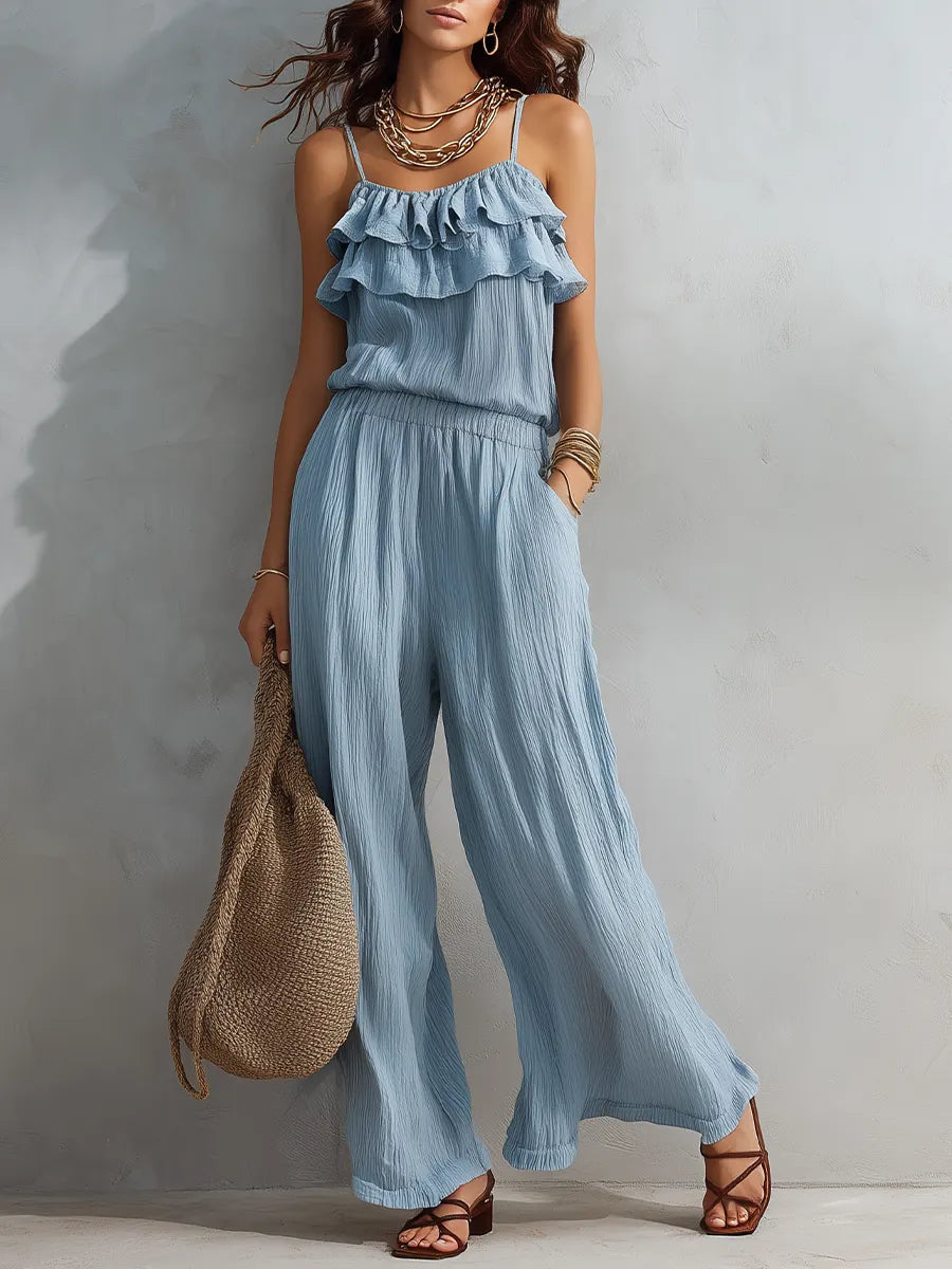 Airy Ruffled Wide-Leg Pants Set