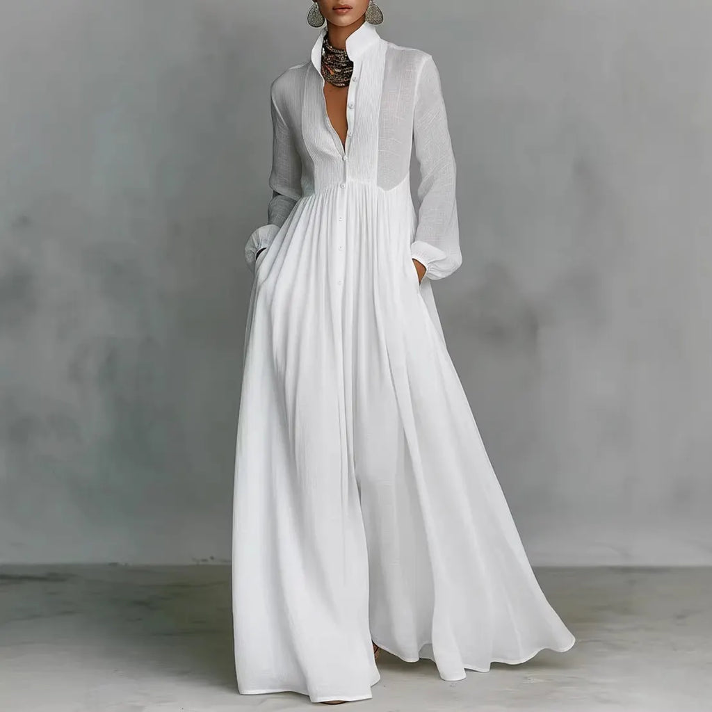 Elegant White Long Sleeve Maxi Dress With Button Front And Deep V-Neckline