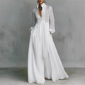 Elegant White Long Sleeve Maxi Dress With Button Front And Deep V-Neckline