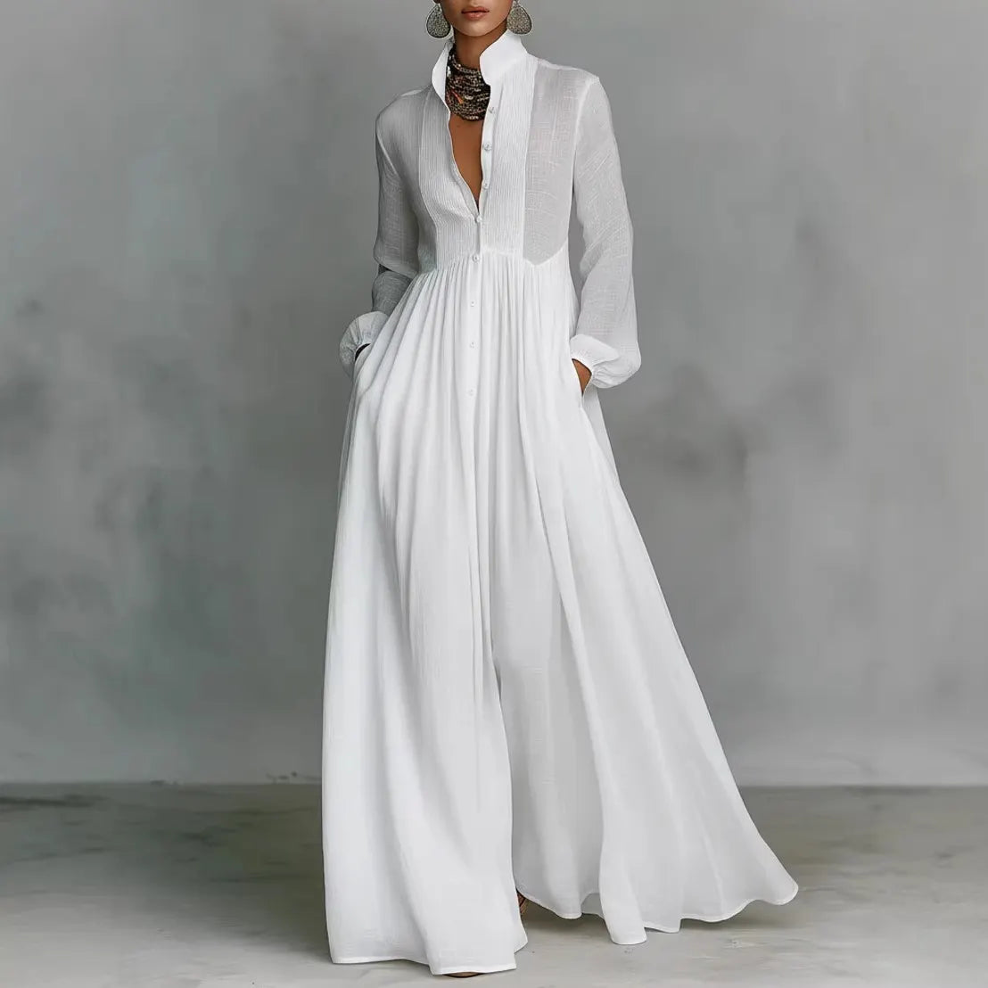Elegant White Long Sleeve Maxi Dress With Button Front And Deep V-Neckline