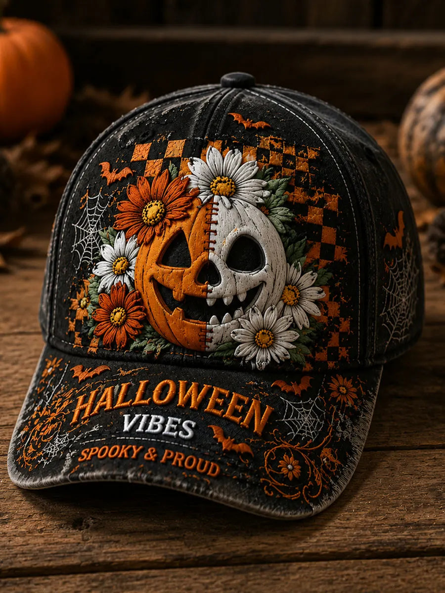 Halloween Pumpkin Skull Daisy Vintage Baseball Cap