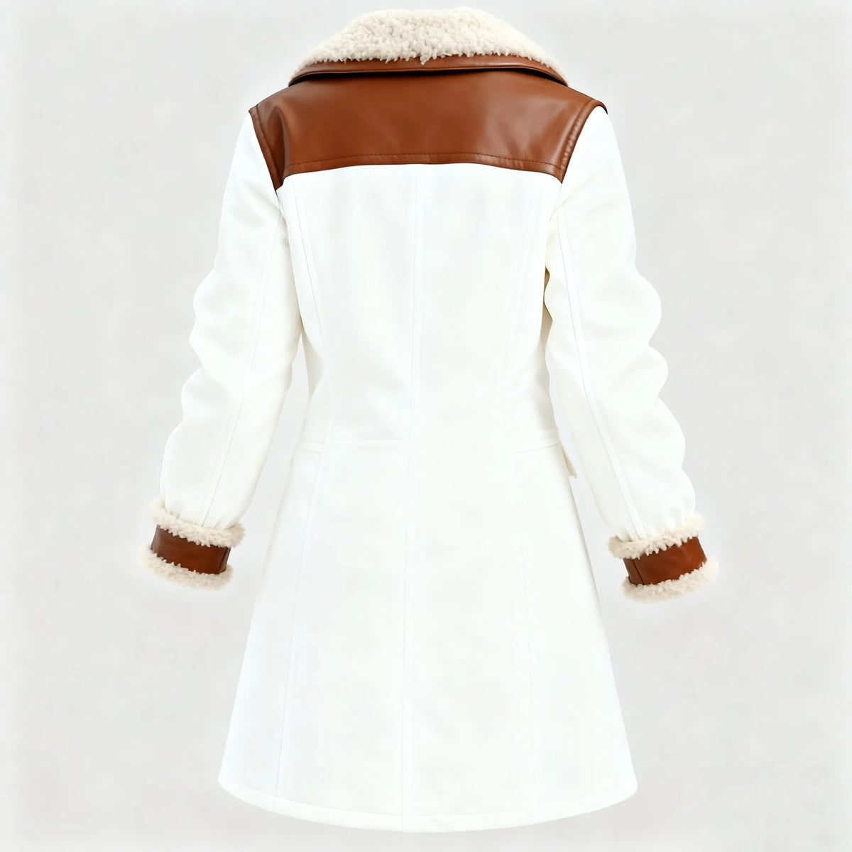 Women's Vintage White Leather Contrast Fleece Faux Fur Lining Coat
