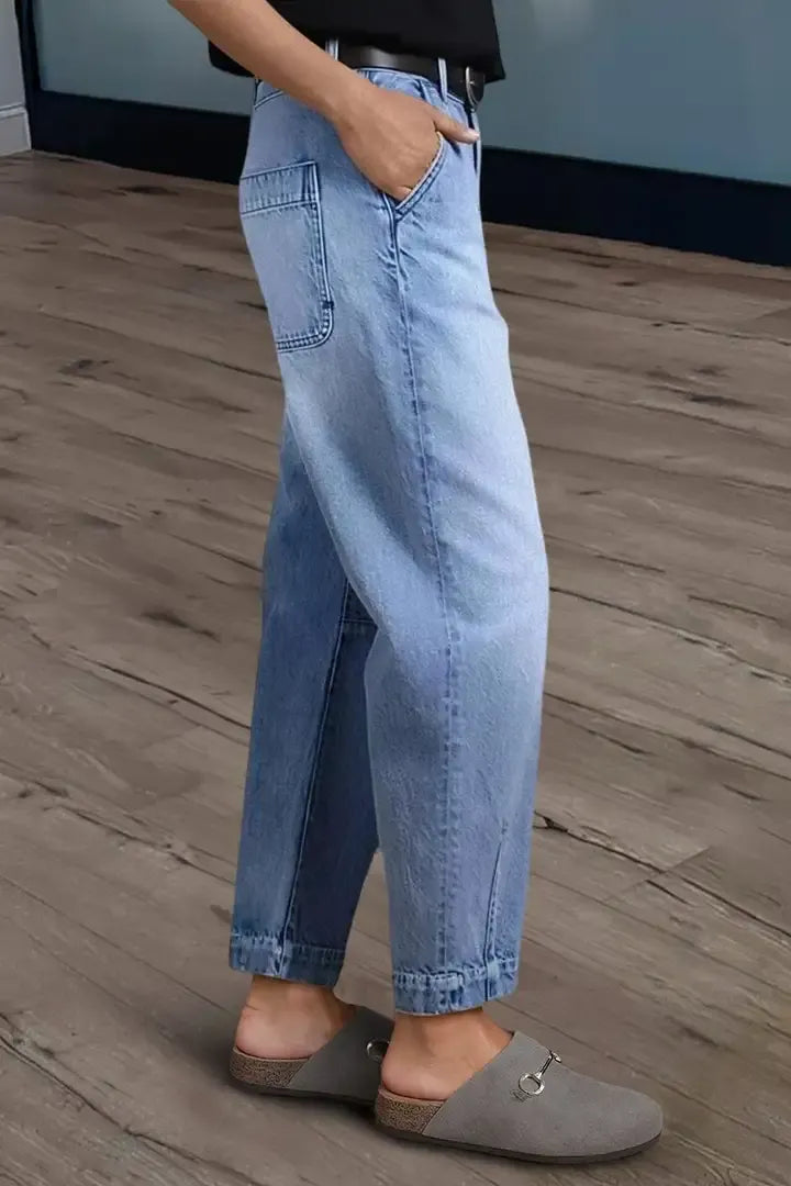 Wash Stitch Detail Mid Rise Barrel Leg Crop Jeans Without Belt