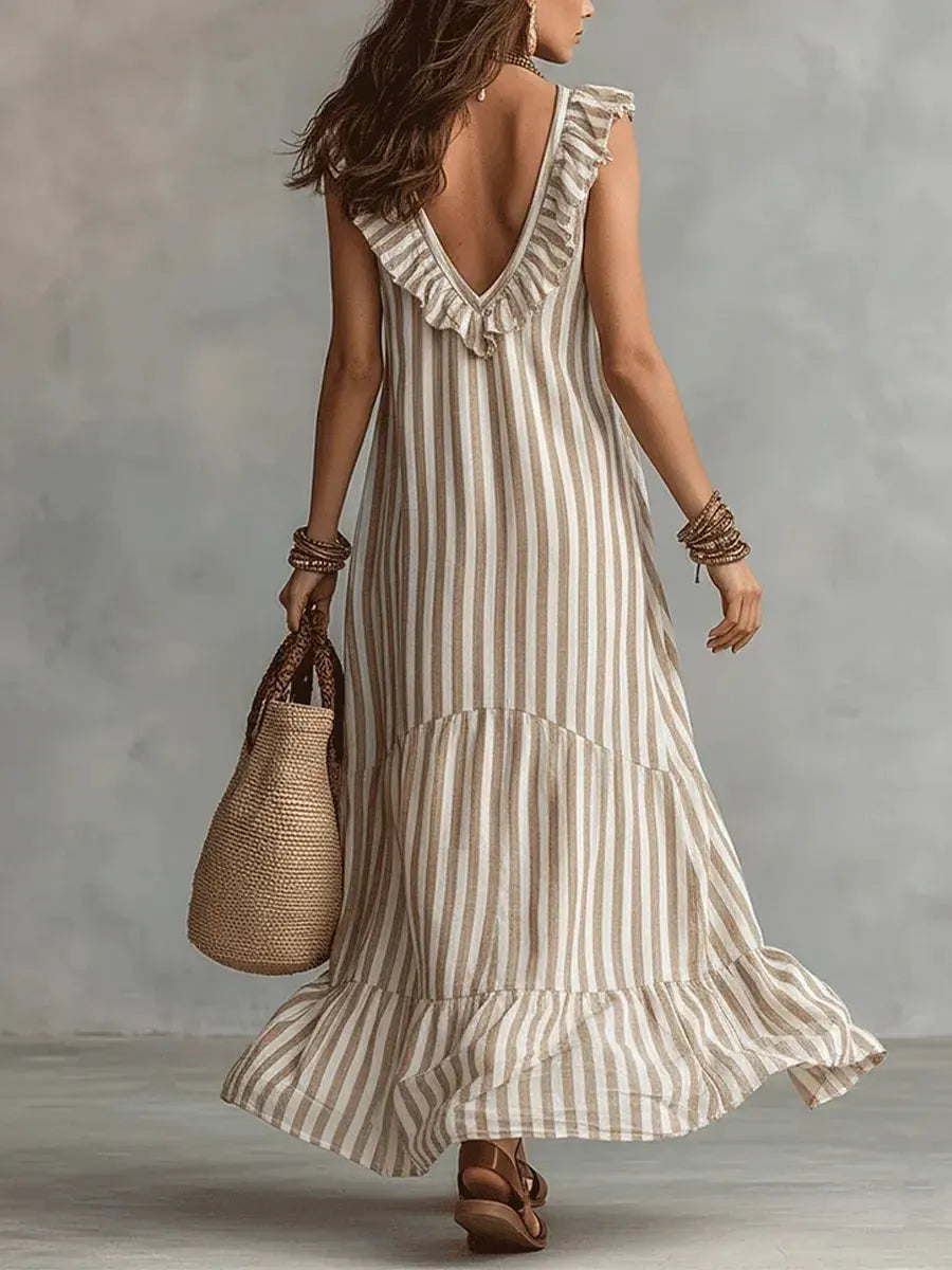 Women's Striped Art Ruffled Neck Casual Stylish Sleeveless Cotton Dress