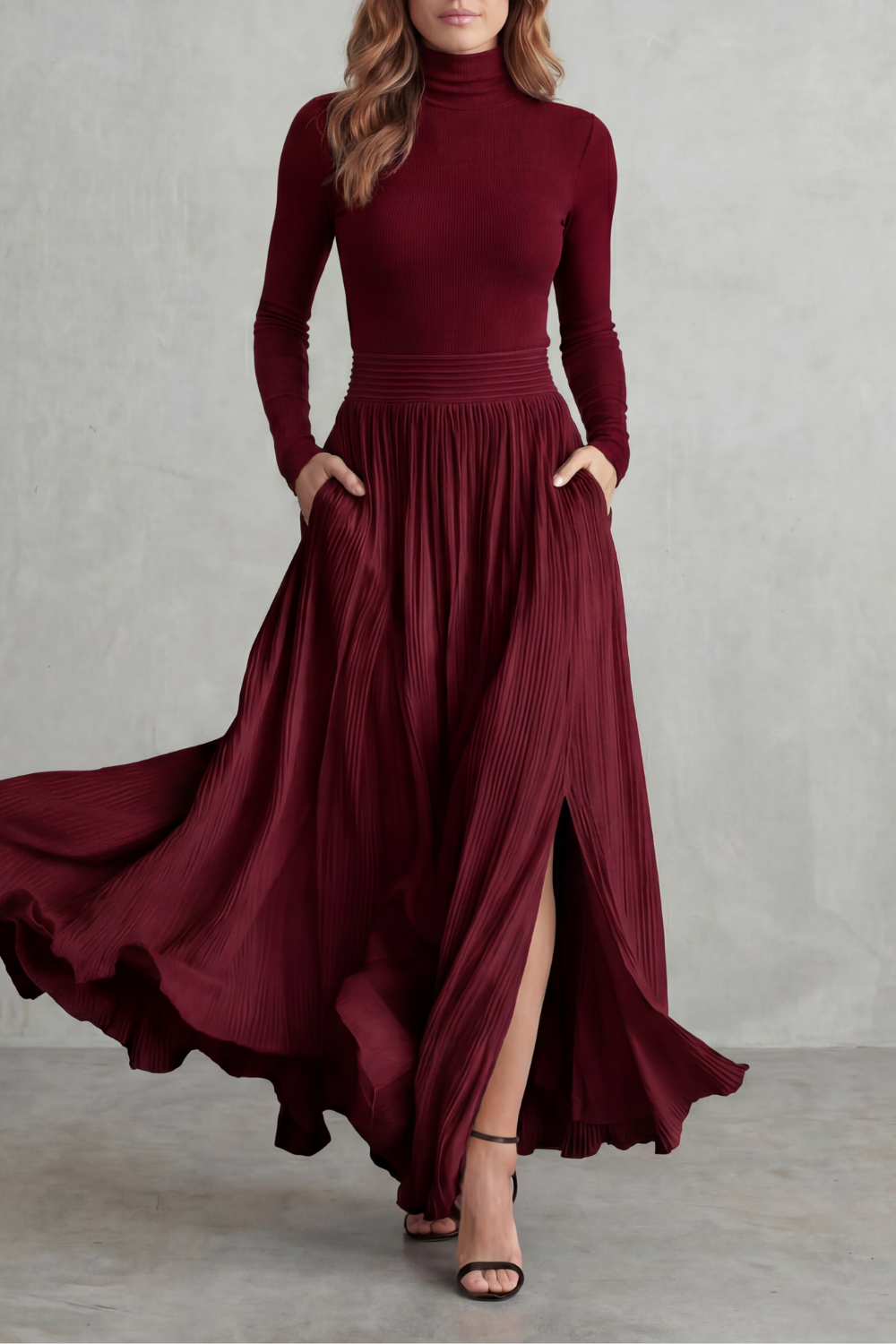 Pleated flow silhouette – Two-piece turtleneck set
