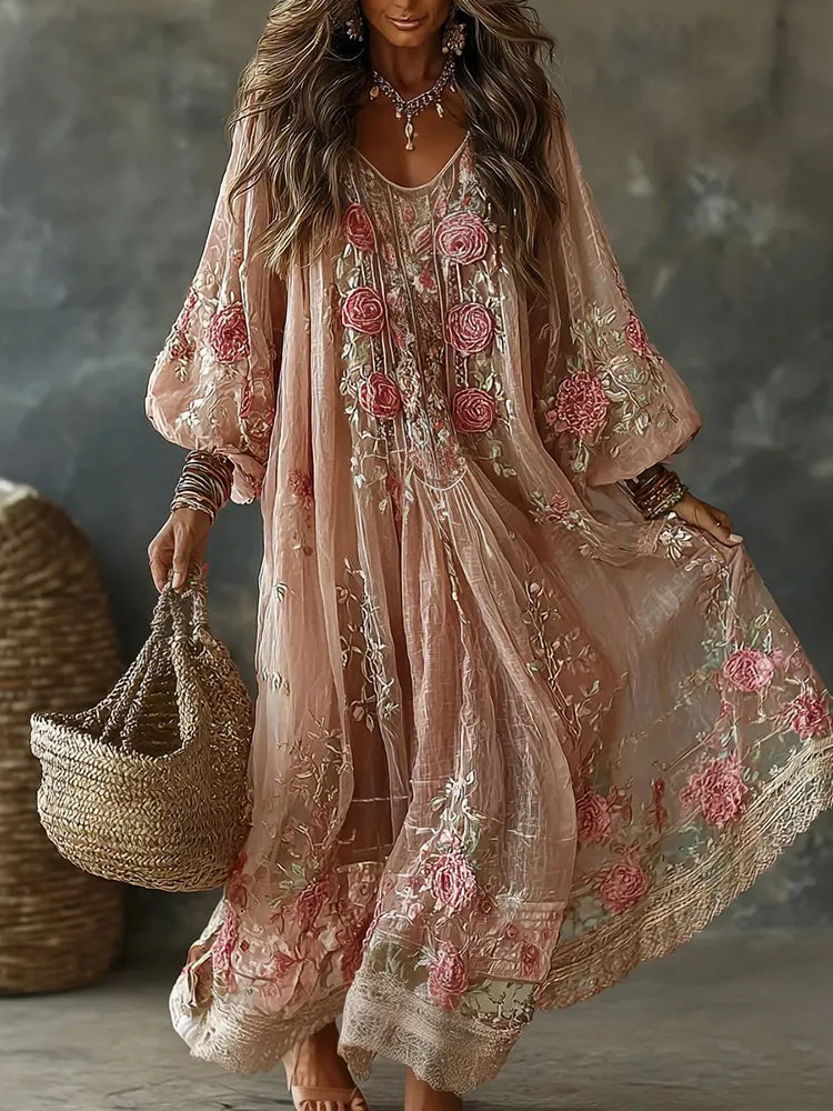 Women's Vintage Floral Art Print Flowy Linen Blend Casual Long Sleeve Maxi Dress