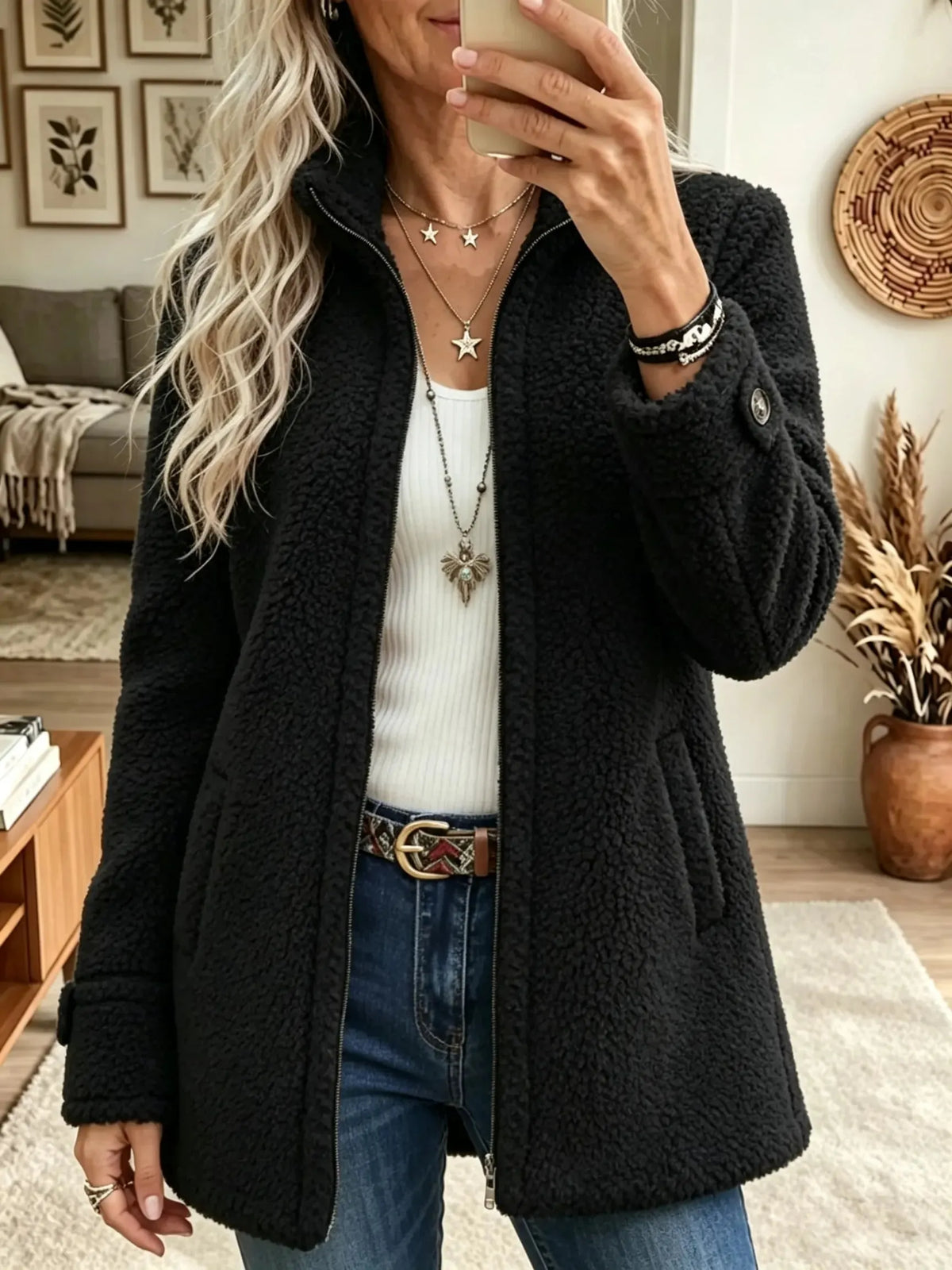 Women's Plush Fleece Full-Zip Mid-Length Coat