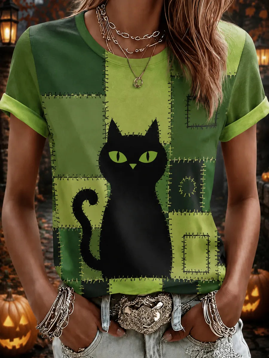 Women's Halloween Cat Print Casual T-Shirt