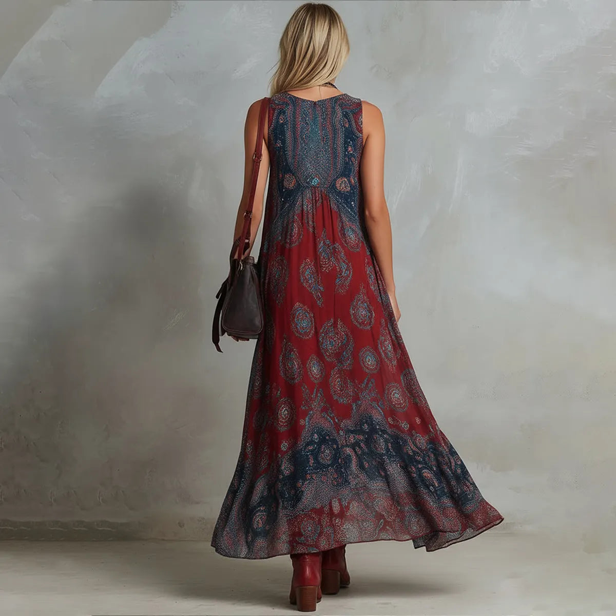 Retro Ethnic-inspired Bohemian Print Chiffon Sleeveless Maxi Dress