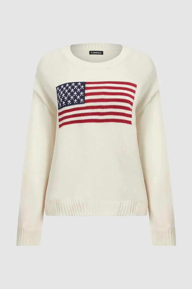 American Flag Pattern Knit Drop Shoulder Long Sleeve Sweater