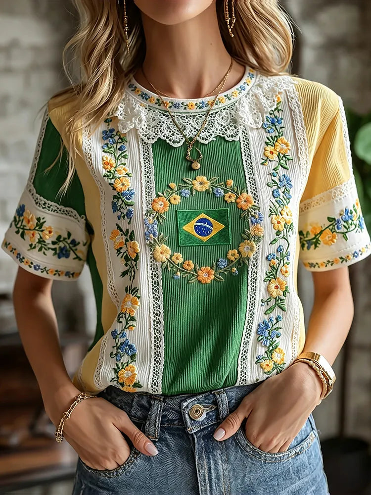 Women's Retro Floral Embroidered Patchwork Art Round Neck Linen Blend T-shirt