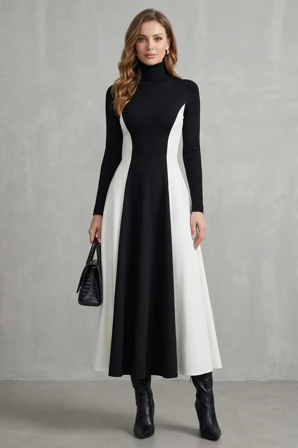Sculpted contrast flow – Turtleneck dress