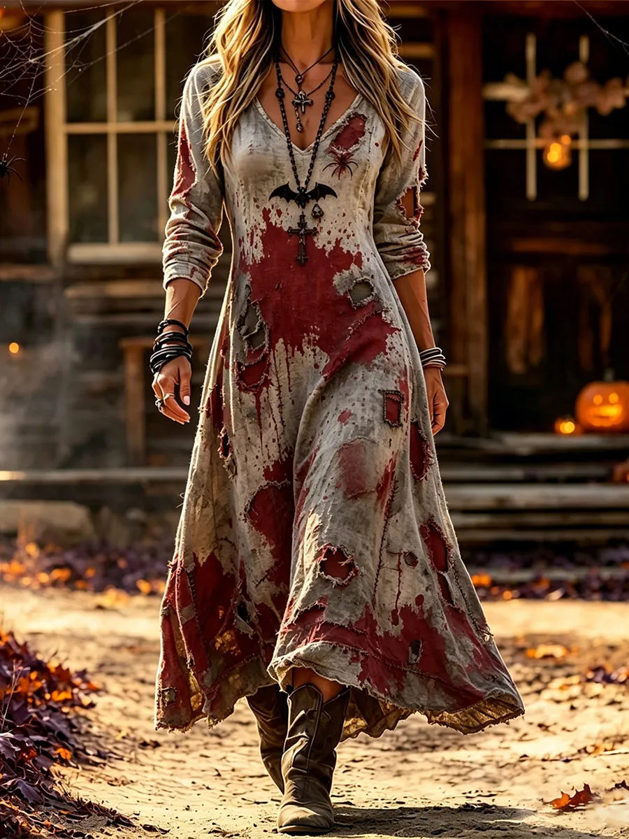 Women's Vintage Halloween Blood-Splatter Art Print Casual Dress