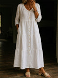 Women's Solid Color Casual V-neck Cotton Linen Long Dress