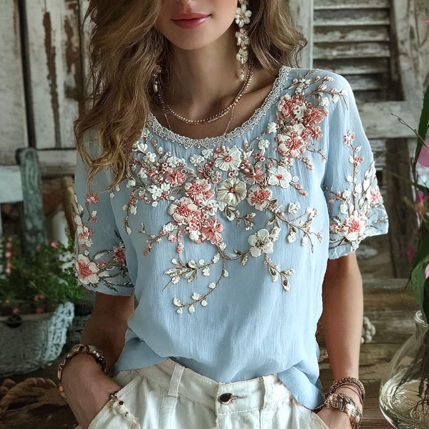 Women's Floral Art Embroidery Cotton Linen T-shirt